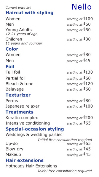 Nello's pricelist
